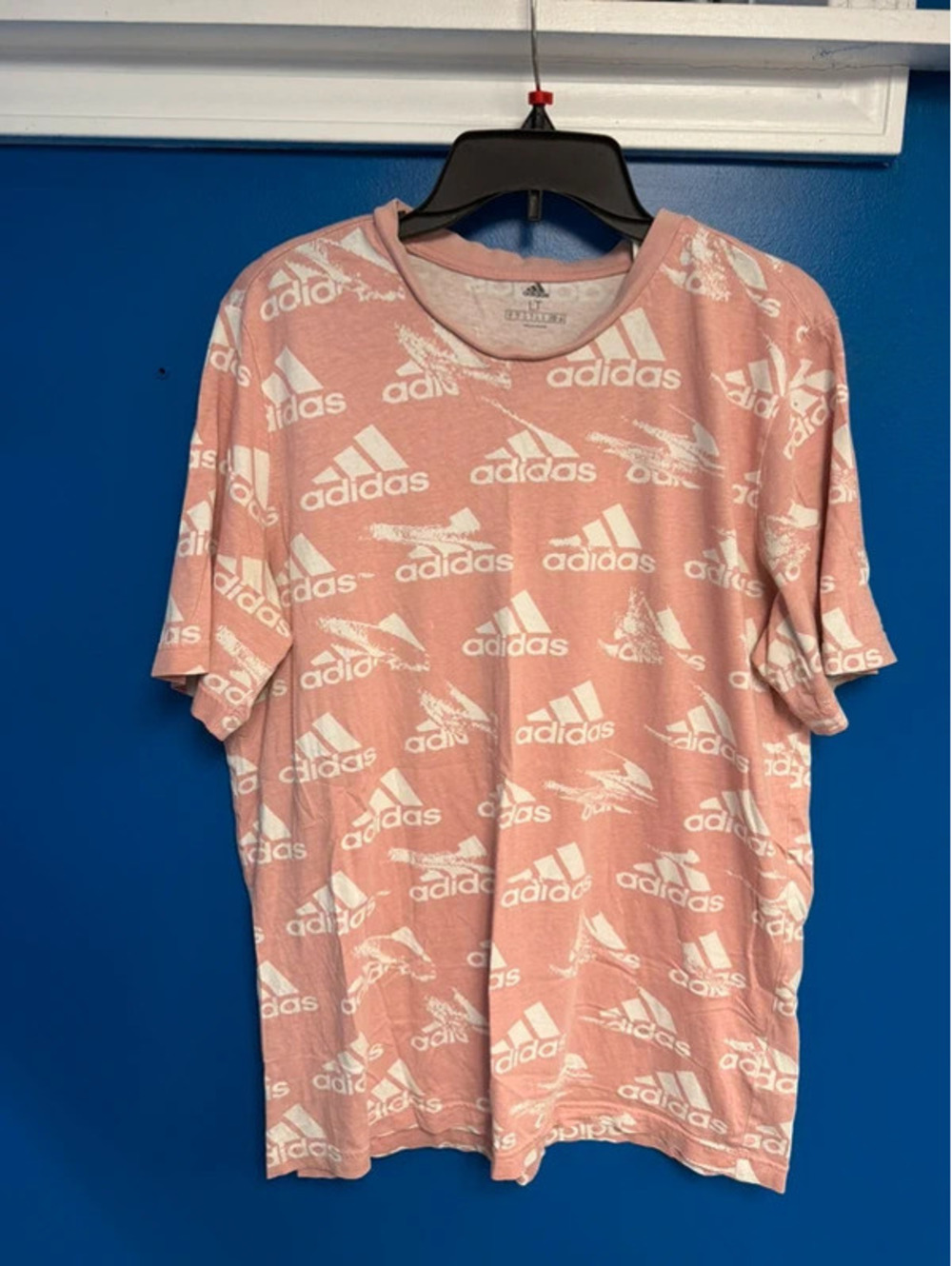 Adidas All-Over Logo Print T-Shirt Dusty Pink White Men’s Large Tall (LT)
